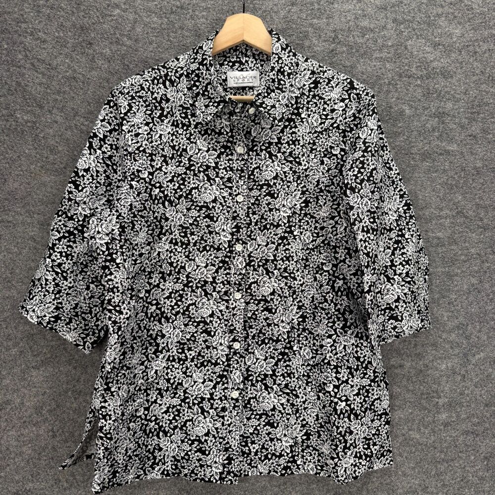 Villager Shirt Women M Medium Black Floral Button Up Collared 3/4 Sleeve Casual